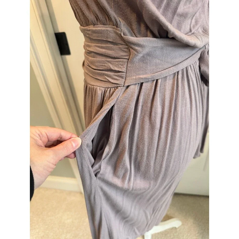 o The Max Boho Mauve Ruffle Neck Midi Dress Ruched Waist XS